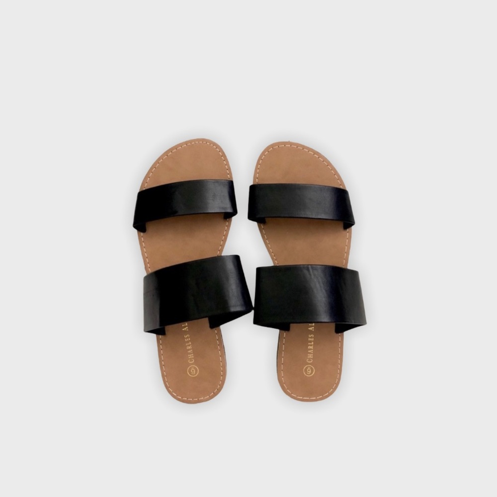 Black Double Strap Slip On Sandals - Picture 3 of 3